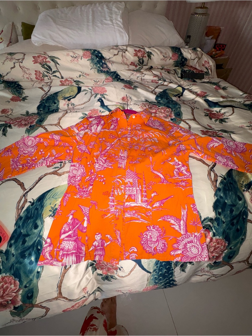 Orange & Pink Toile Scenic Print Button-Up Shirt 8 - Picture 5 of 7